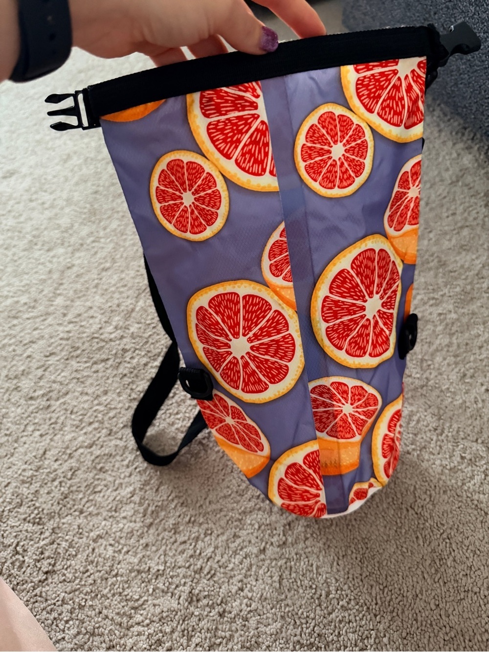 Crossbody Water Bottle Pouch Bag in Purple with Citrus Print - Picture 7 of 8